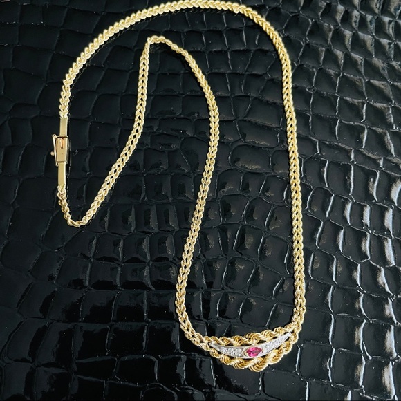 ESTATE 14K GOLD RUBY NECKLACE W/ DIAMONDS DOUBLE ROPE CHAIN - Picture 4 of 11